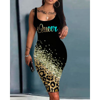 Contrast Leopard Queen Print Sleeveless Bodycon Dress - black