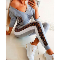 Contrast Leopard V-Neck Pocket Top & Pants Set - gray