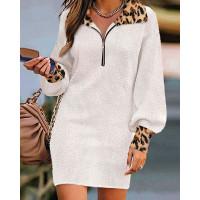 Contrast Leopard Zip Front Lantern Sleeve Casual Dress - white