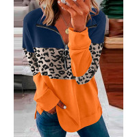 Contrast Leopard Zip Front Long Sleeve Sweatshirt - orange