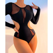 Contrast Mesh Backless One-Piece Swimsuit - black