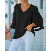 Contrast Mesh Bell Sleeve Top - black