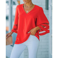 Contrast Mesh Bell Sleeve Top - orange