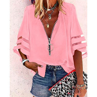 Contrast Mesh Bell Sleeve Zip Front Top - pink