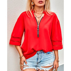 Contrast Mesh Bell Sleeve Zip Front Top - red