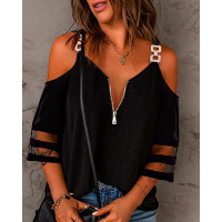 Contrast Mesh Chain Strap Cold Shoulder Top - black