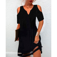 Contrast Mesh Cold Shoulder Casual Dress - black