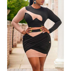 Contrast Mesh Cutout Long Sleeve Bodycon Dress - black