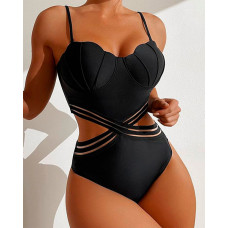 Contrast Mesh Cutout One-Piece Swimsuit - black