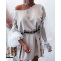 Contrast Mesh Flounce Sleeve Casual Dress - style1