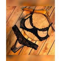 Contrast Mesh Lace Lingerie Set - black