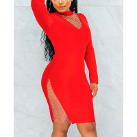 Contrast Mesh Long Sleeve Bodycon Dress - red