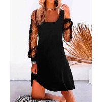 Contrast Mesh Long Sleeve Casual Dress - black