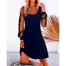 Contrast Mesh Long Sleeve Casual Dress - purplish blue