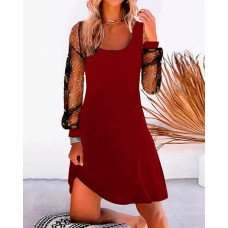 Contrast Mesh Long Sleeve Casual Dress - red