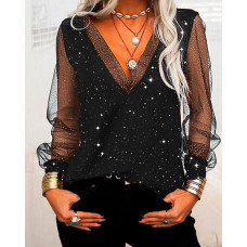 Contrast Mesh Long Sleeve Glitter Top - black