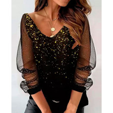 Contrast Mesh Long Sleeve Print Top - black