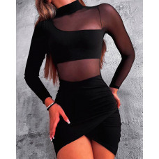 Contrast Mesh Long Sleeve Ruched Bodycon Dress - black