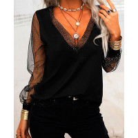 Contrast Mesh Long Sleeve Top - black