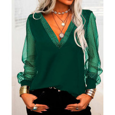 Contrast Mesh Long Sleeve Top - green