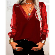 Contrast Mesh Long Sleeve Top - red