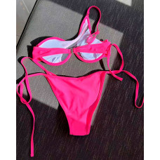 Contrast Mesh One Strap Tied Detail Bikini Set - hot pink