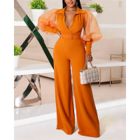 Contrast Mesh Puff Sleeve Belted Jumpsuit - orange