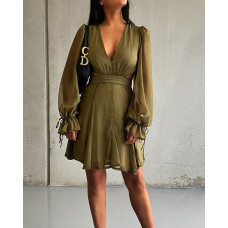 Contrast Mesh Puff Sleeve Cutout Casual Dress - green