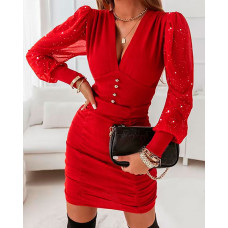 Contrast Mesh Puff Sleeve Ruched Glitter Bodycon Dress - red