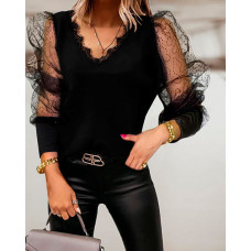 Contrast Mesh Puff Sleeve Top - black