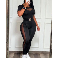 Contrast Mesh Short Sleeve Jumpsuit Without Belt - black