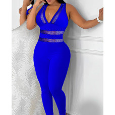 Contrast Mesh V-Neck Sleeveless Jumpsuit - blue