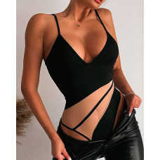 Contrast Mesh V-Neck Spaghetti Strap Bodysuit - black