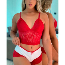 Contrast Paneled Bowknot Decor Lace Lingerie Set - red