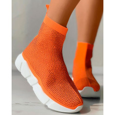 Contrast Paneled Breathable Knit Casual Sneakers - orange