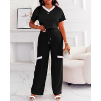 Contrast Paneled Crop T-shirt & High Waist Pants Set - black