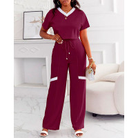 Contrast Paneled Crop T-shirt & High Waist Pants Set - purple