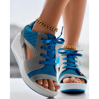 Contrast Paneled Cutout Lace-up Muffin Sandals - blue