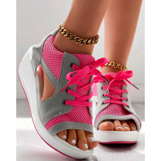 Contrast Paneled Cutout Lace-up Muffin Sandals - hot pink