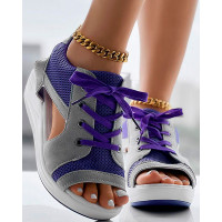 Contrast Paneled Cutout Lace-up Muffin Sandals - purple