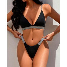 Contrast Paneled Deep V-Neck Bra Set - black