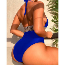 Contrast Paneled Halter Backless One-Piece Swimsuit - blue