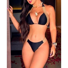 Contrast Paneled Halter Bikini Set - black