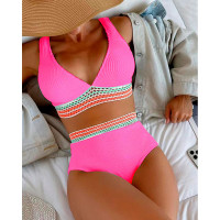 Contrast Paneled High Waist Textured Bikini Set - hot pink