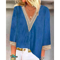 Contrast Paneled Lace Patch V-Neck Top - blue