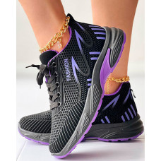 Contrast Paneled Lace-up Breathable Sneakers - black&purple