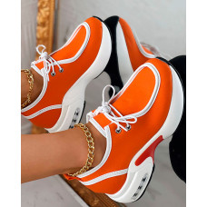 Contrast Paneled Lace-up Platform Sneakers - orange