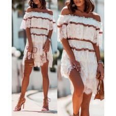 Contrast Paneled Off Shoulder Layered Lace Dress - white