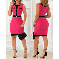 Contrast Paneled Round Neck Sleeveless Bodycon Dress - rose red