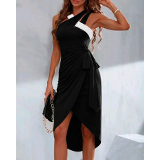 Contrast Paneled Tied Detail Wrap Slit Casual Dress - black